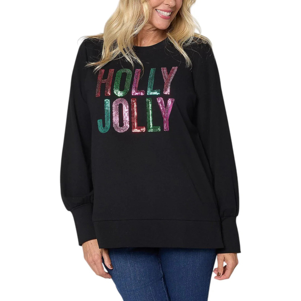 Jingle Belles by Kim Gravel Women's Sequin Holly Jolly Knit Top Black - Regular